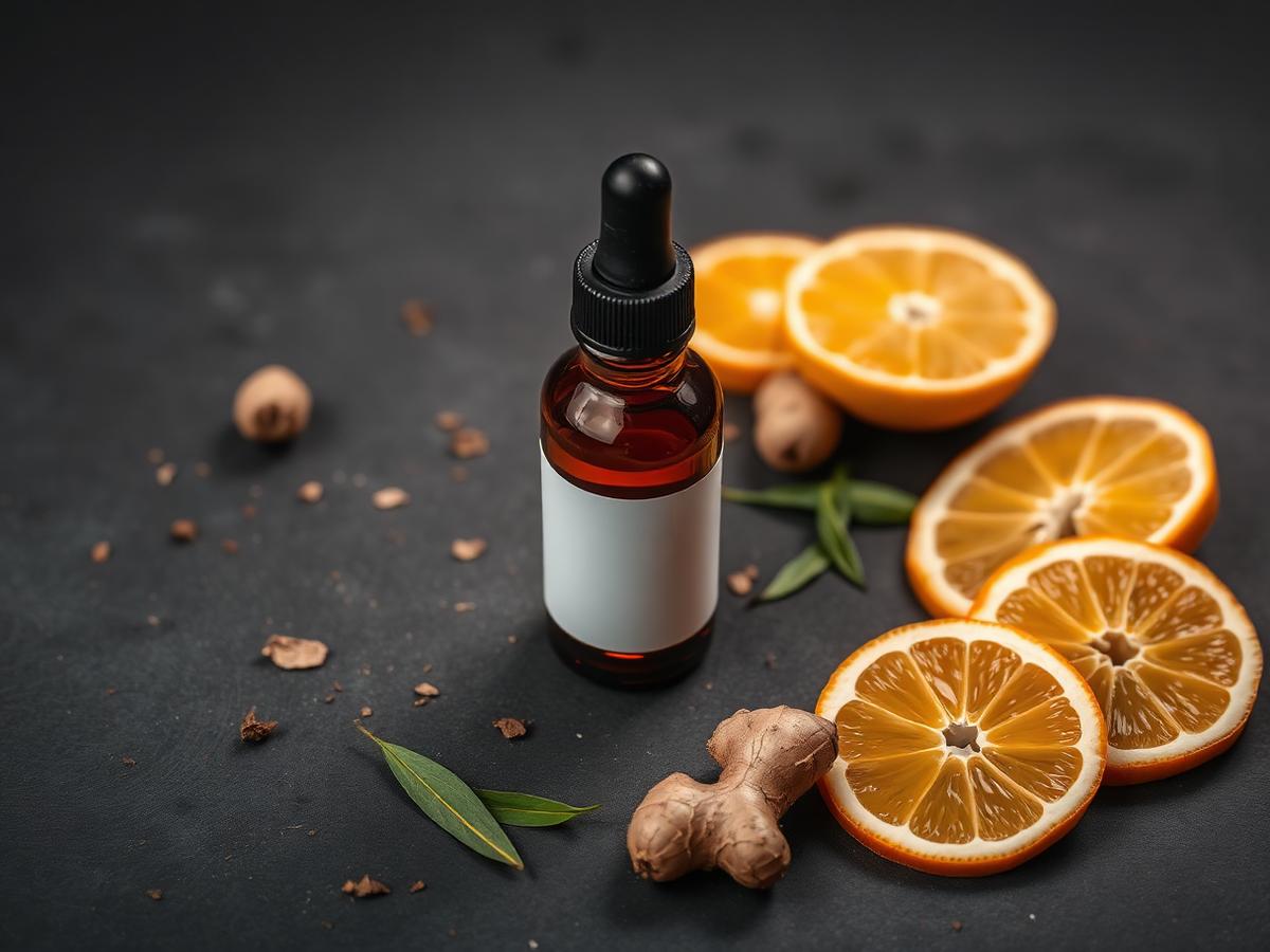 SodaBurn dropper bottle with citrus, ginger and green tea leaves